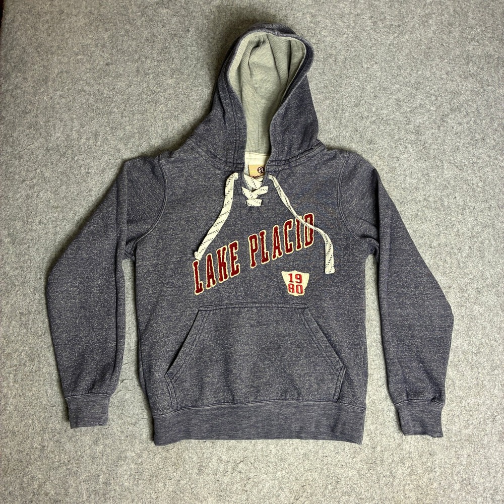 Artisans Hoodie Womens Small Blue Good Lake Placid 1980 Lace Up Graphic Pullover